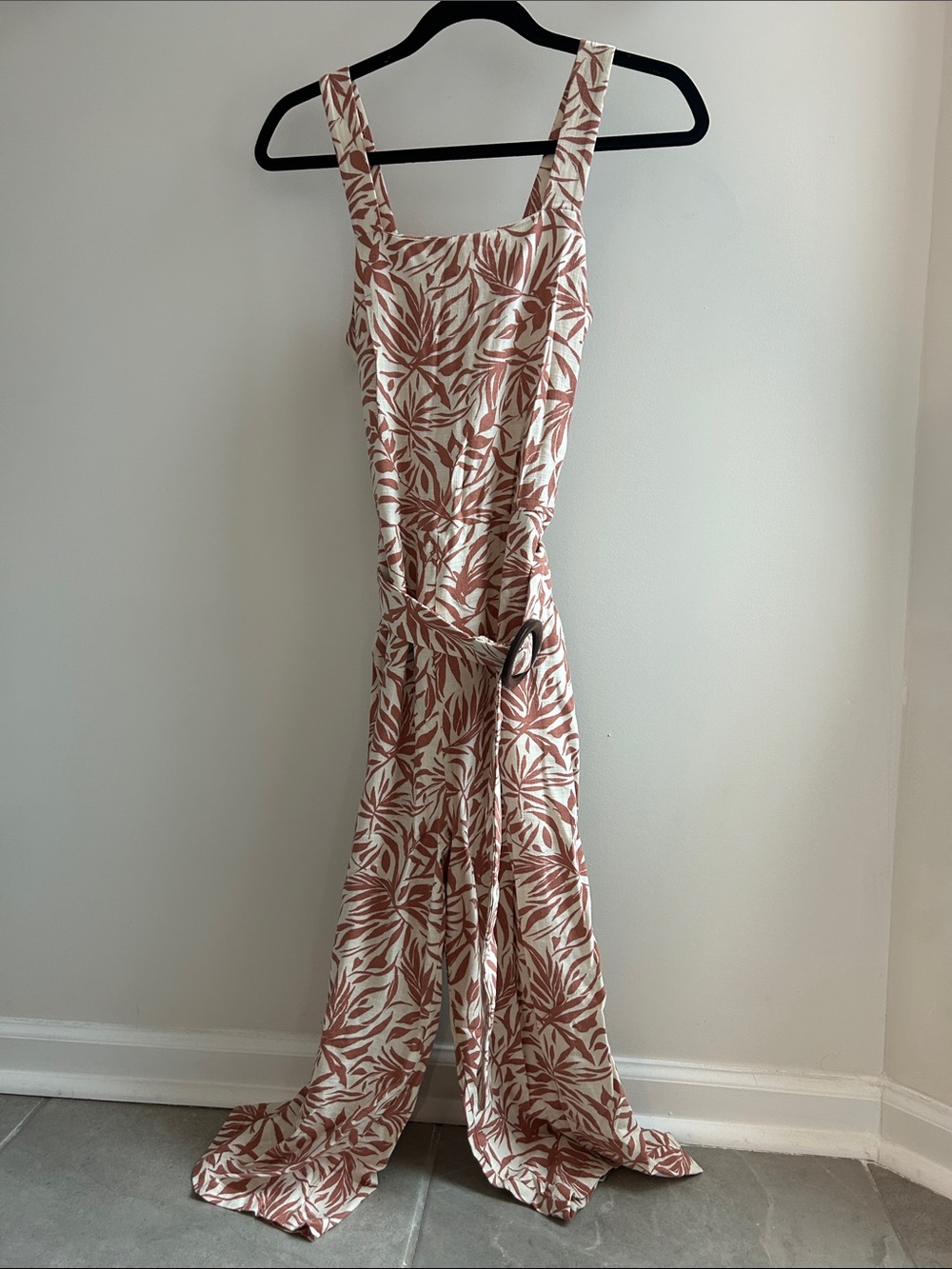 Wide-Leg Printed Jumpsuit in Cream & Rust with Belt and Pockets